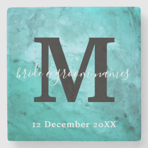 Elegant Marble Black and White Monogram Wedding Stone Coaster