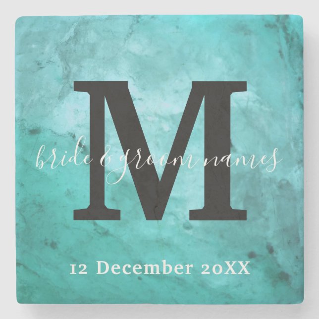 Elegant Marble Black and White Monogram Wedding  Stone Coaster (Front)