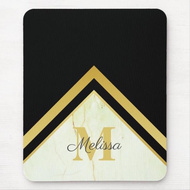 Elegant Marble Black Gold Chevron Monogram Mouse Pad (Front)