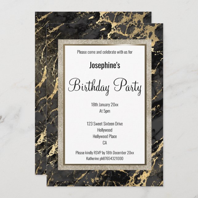 ELEGANT MARBLE BLACK GOLD DESIGN BIRTHDAY INVITATION (Front/Back)