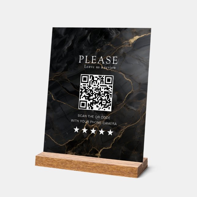 Elegant, Marble-Black-Gold, Salon, QR-Code Review Acrylic Sign (Angle)
