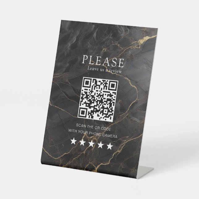 Elegant, Marble-Black-Gold, Salon, QR-Code Review Pedestal Sign (Front)