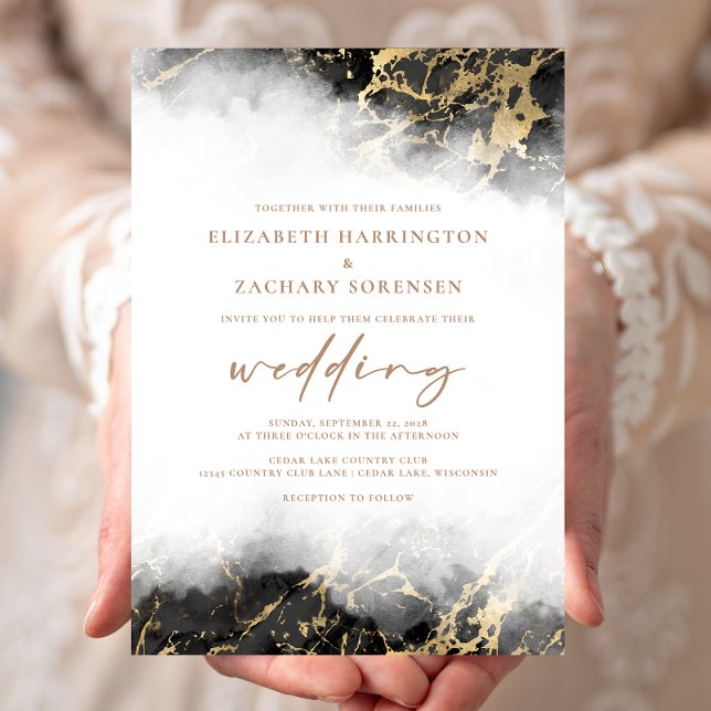 Elegant Marble Black Gold Wedding Invitation (Creator Uploaded)