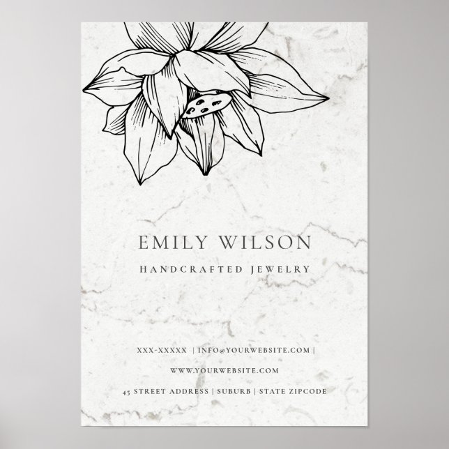 Elegant Marble Black White Lotus Simple Business Poster (Front)
