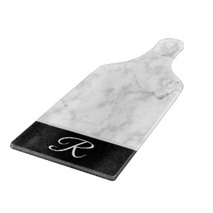 Elegant Marble Black White Monogram Initial Cutting Board