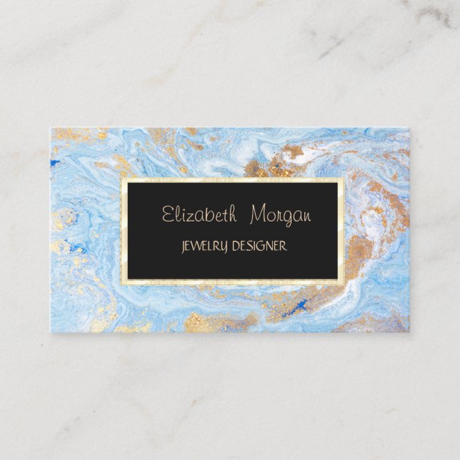 Elegant Marble,Blue Gold Frame Jewellery Designer Business Card (Front)