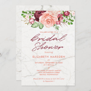 Elegant Marble Burgundy Mauve Peach Bridal Shower Invitation