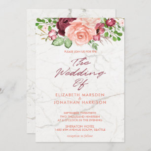 Elegant Marble Burgundy Mauve Peach Wedding Invitation