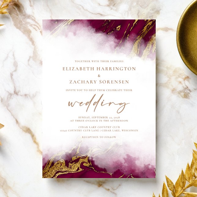 Elegant Marble Burgundy Red Gold Wedding Invitation (Creator Uploaded)