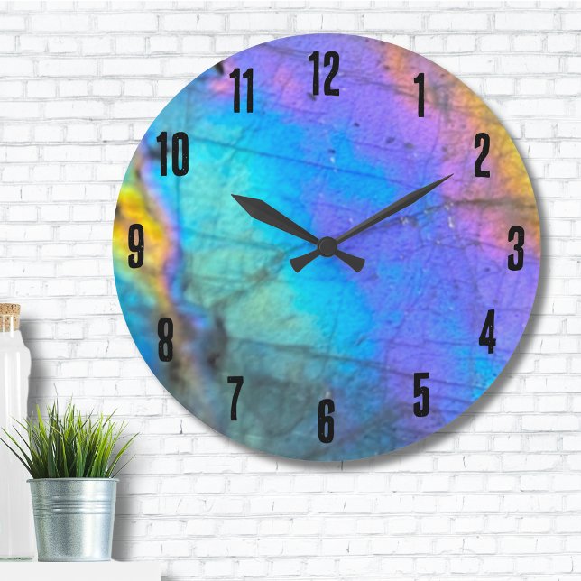 Elegant Marble Colourful Large Clock (Trendy Modern Rainbow Labradorite Crystal Stone Large Clock)
