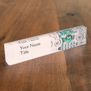 ELEGANT MARBLE COLUMN,PINK BLUE GEM STONE MONOGRAM NAMEPLATE