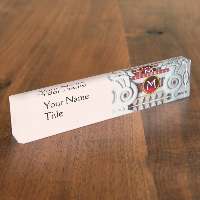 ELEGANT MARBLE COLUMN,PINK RED GEM STONE MONOGRAM NAMEPLATE (Side)