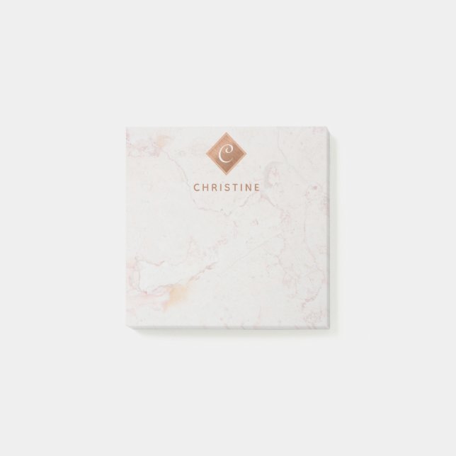 Elegant Marble Copper Monogram Brown Name White Post-it Notes (Front)