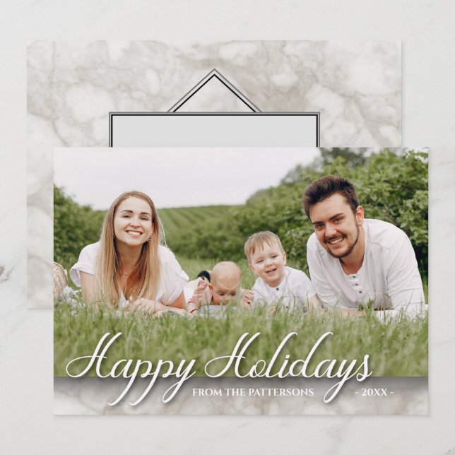 Elegant Marble Family Photo Happy Holiday Card (Front/Back)