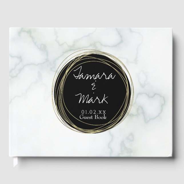 Elegant Marble Faux Gold Circular Wedding Logo Guest Book (Front)