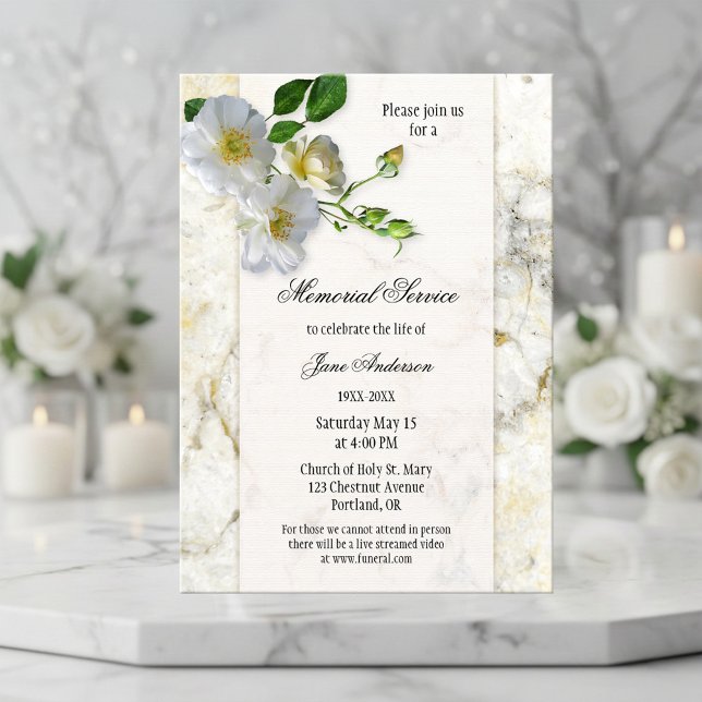 Elegant Marble Funeral Memorial Service Invitation (Elegant floral memorial or funeral service invitation featuring a marble design with white roses.)