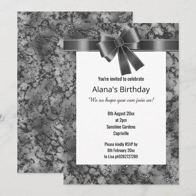 ELEGANT MARBLE GLITTER BLACK BOW WHITE INVITATION (Front/Back)