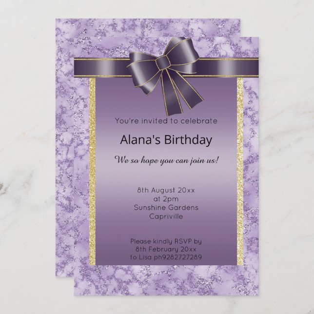 ELEGANT MARBLE GLITTER GOLD PURPLE BOW INVITATION (Front/Back)