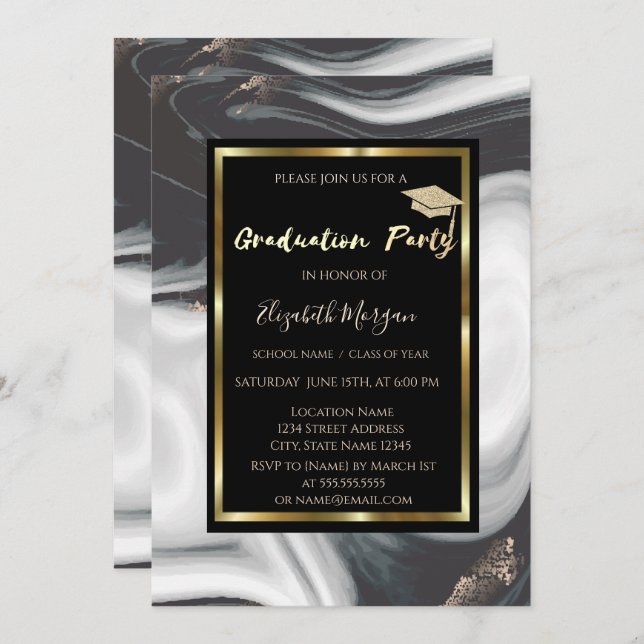 Elegant Marble  Glitter Graduation Cap Graduation Invitation (Front/Back)