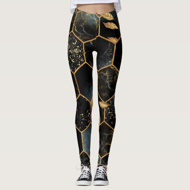 Elegant Marble & Gold: Abstract Hexagon Texture Leggings (Front)