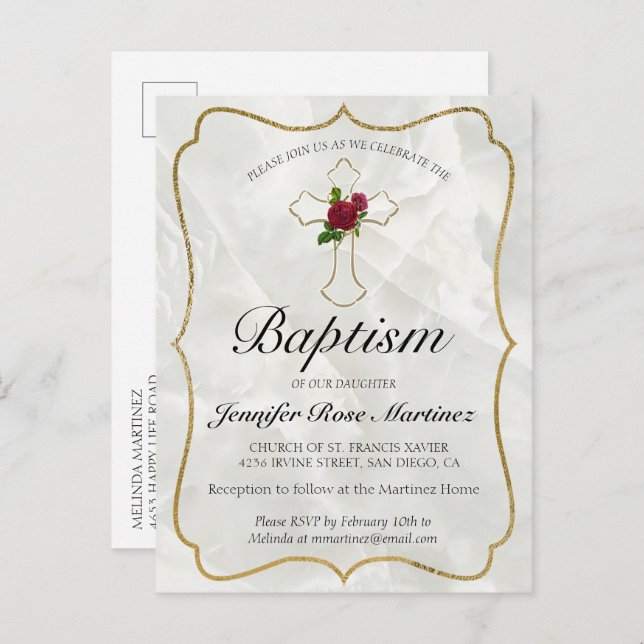 Elegant Marble Gold Baby Baptism Postcard Invite (Front/Back)