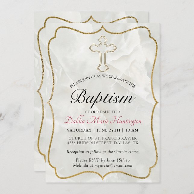 Elegant Marble Gold Baby Girls Baptism Invitation (Front/Back)