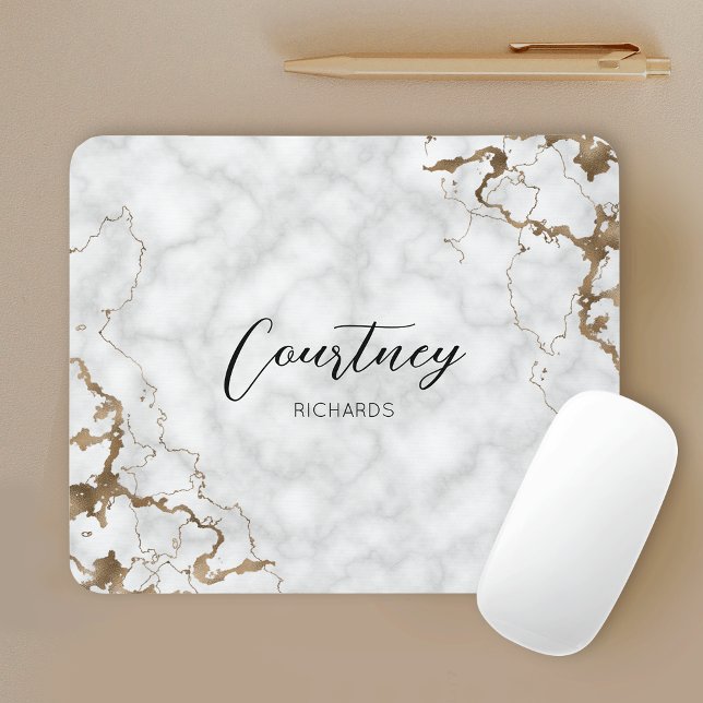 Elegant Marble Gold Glitter Monogram Name or Logo Mouse Pad (Personalized marble and gold glitter mouse pad)