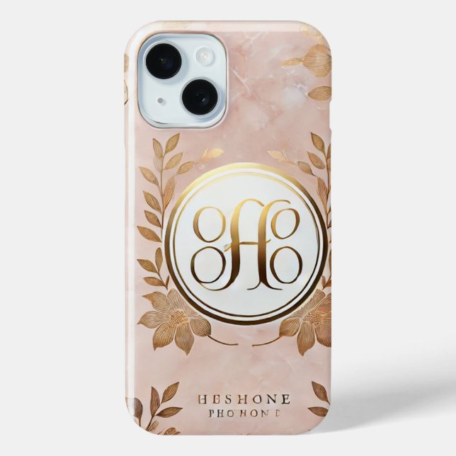 Elegant Marble & Gold Monogram iPhone 15 Case (Back)