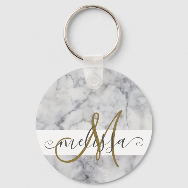Elegant Marble Gold Monogram Script Name Key Ring (Front)