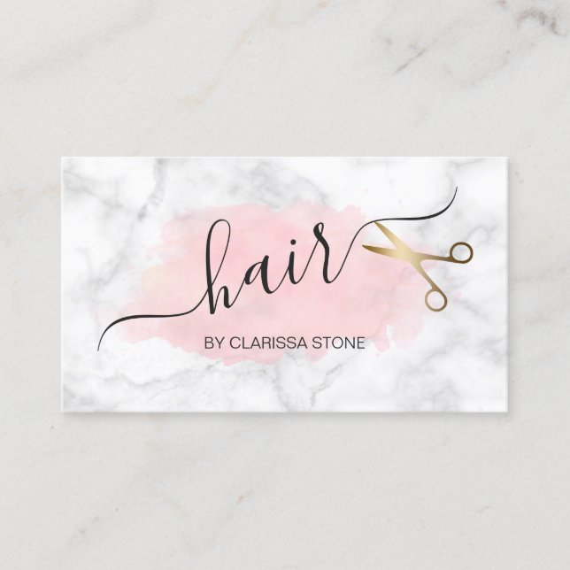 Elegant marble & gold scissors hairstylist business card (Front)