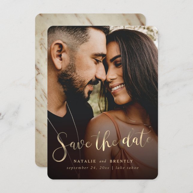 Elegant Marble Gold Script & Full Bleed Photo Save The Date (Front/Back)