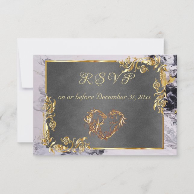 Elegant Marble, Grey, Gold Frame, Gold Heart RSVP Card (Front)