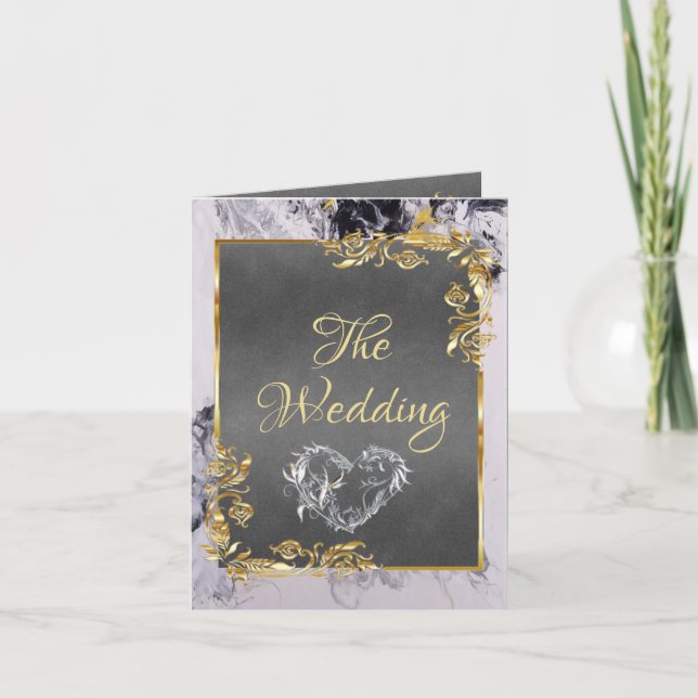 Elegant Marble, Grey, Gold Frame, Silver Heart Announcement (Front)