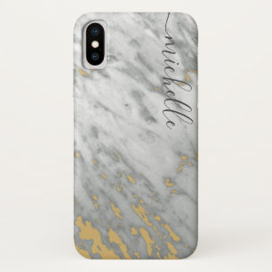 Elegant Marble Grey & Gold monogram name iPhone X Case
