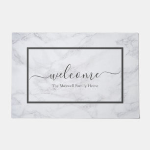 Elegant marble grey script family name welcome doormat