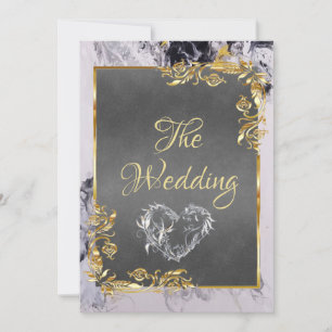 Elegant Marble, Grey with Gold Frame, Silver Heart Invitation