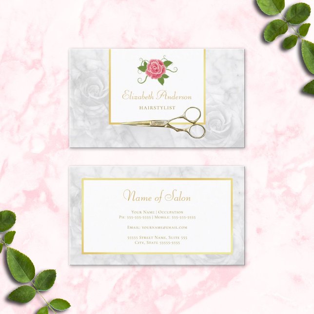 Elegant Marble Hairstylist Gold Shears and Rose Business Card (Elegant Marble Hairstylist Gold Shears and Rose Business Cards)
