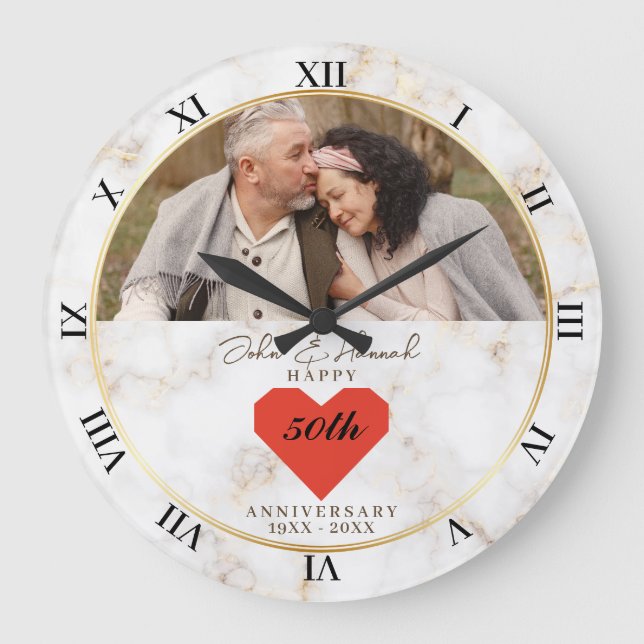 Elegant Marble & Heart 50th Wedding Anniversary Large Clock (Front)