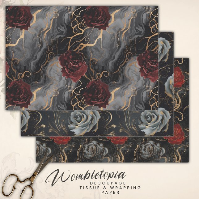 Elegant Marble in Grey Red and Gold Decoupage Wrapping Paper Sheet (Creator Uploaded)