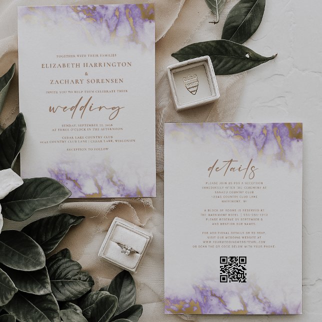 Elegant Marble Lavender Gold QR Code Wedding Invitation (Creator Uploaded)