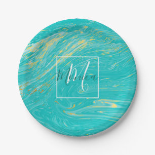 Elegant Marble luxury Gold blue design monogram Paper Plate