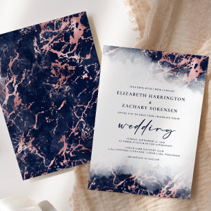 Elegant Marble Navy Blue Rose Gold Wedding Invitation