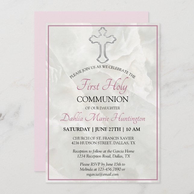 Elegant Marble Pink Girls First Holy Communion  In Invitation (Front/Back)