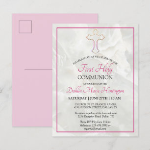 Elegant Marble Pink Girls First Holy Communion  Invitation Postcard