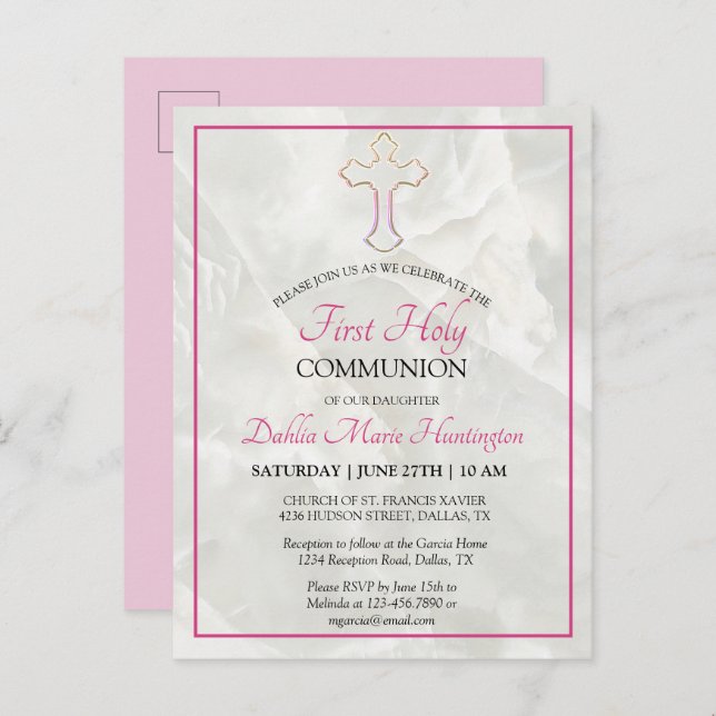 Elegant Marble Pink Girls First Holy Communion  Invitation Postcard (Front/Back)