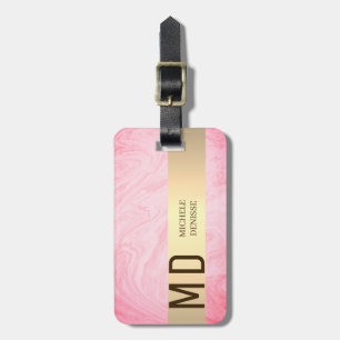 Elegant Marble Pink Gold Metal Monogrammed Name Luggage Tag