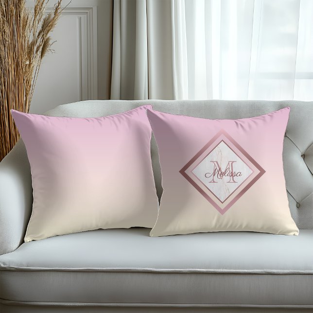 Elegant Marble Pink Gradient Rose Gold Monogram Cushion (Creator Uploaded)
