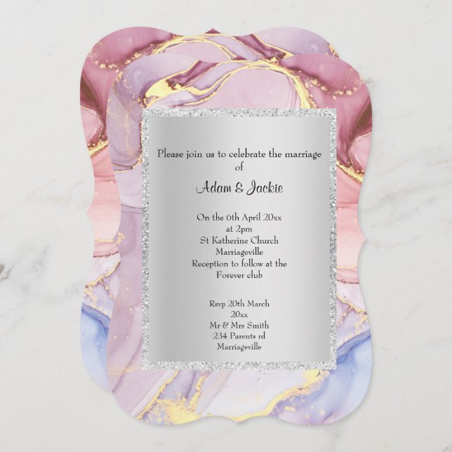 ELEGANT MARBLE PINK PURPLE ABSTRACT WEDDING  INVITATION (Front/Back)
