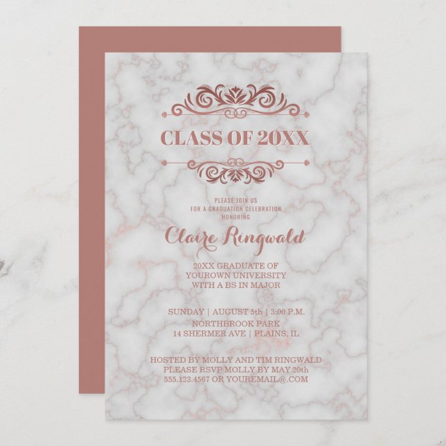 Elegant Marble Rose Gold Class of Graduation Party Invitation (Front/Back)