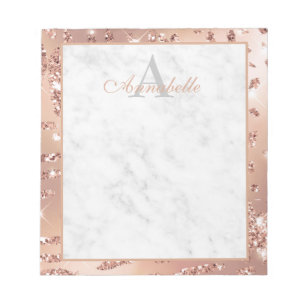 Elegant Marble Rose Gold Foil Script Monogram Notepad